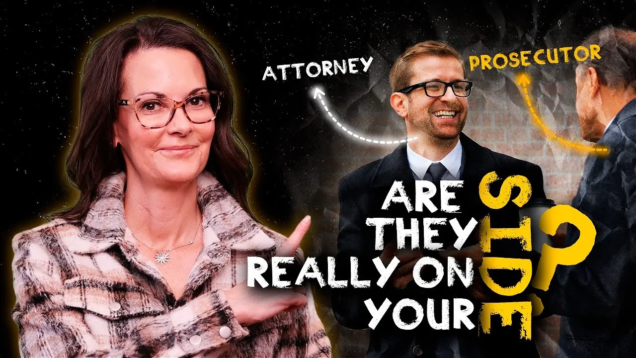 A woman in a plaid coat points to two men labeled "Attorney" and "Prosecutor" with the text "Are they really on your side?