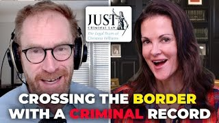 Two people, a man with glasses and headphones and a woman, with text about crossing the border with a criminal record.