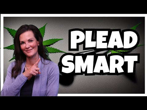 Woman in purple cardigan pointing upward with large text "PLEAD SMART" and green cannabis leaves in background.