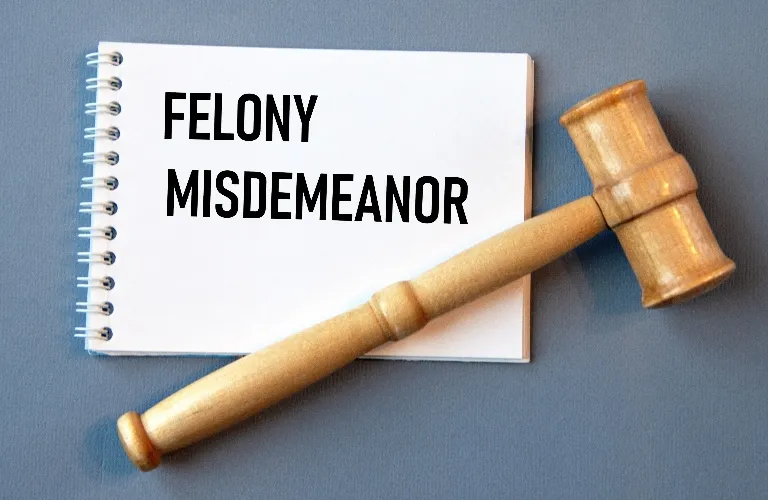Wooden judge's gavel resting on a spiral notebook with "FELONY MISDEMEANOR" text.