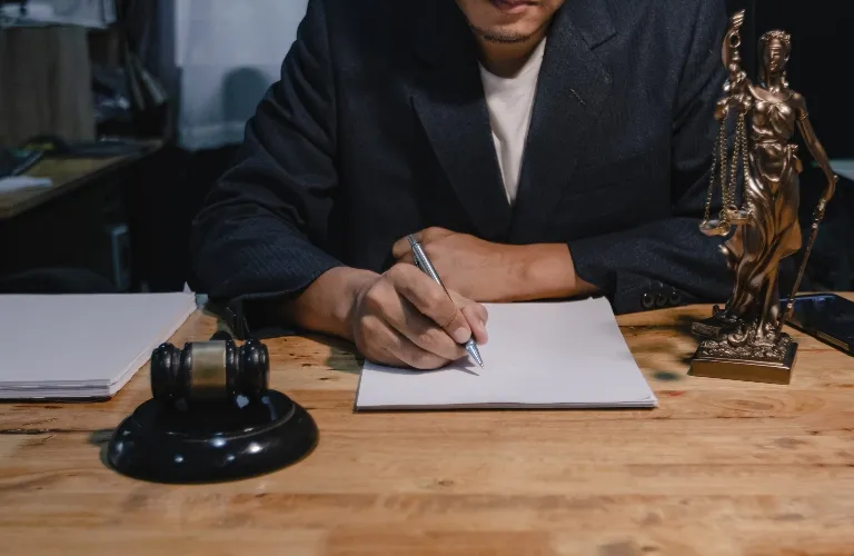 Man in dark suit writing on paper at wooden desk with gavel and Lady Justice statue.