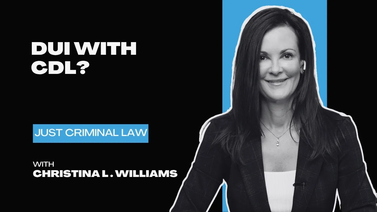 Professional headshot of a woman with dark hair against a blue and black background with text about DUI and CDL law.