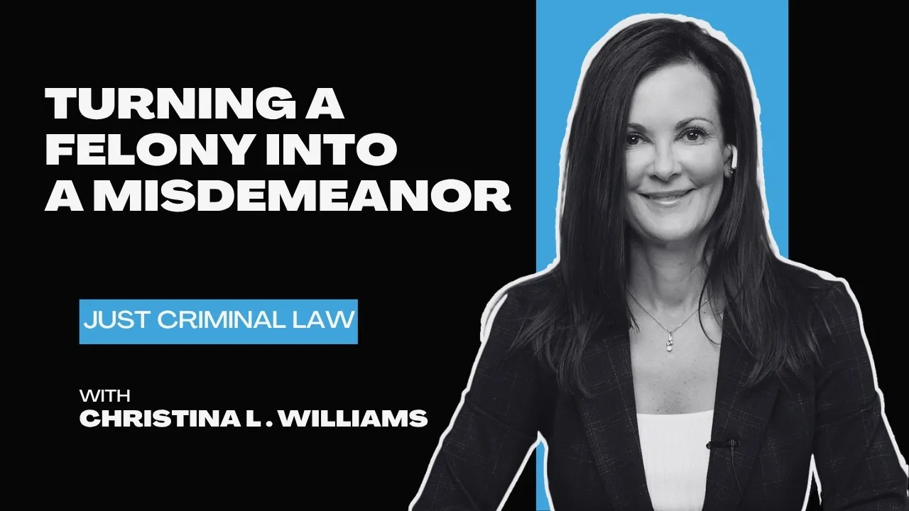 Professional woman smiling, text reads "Turning a felony into a misdemeanor," "Just Criminal Law," and "with Christina L. Williams.
