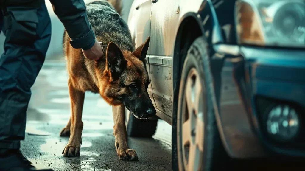 German Shepherd dog sniffing near a dark-colored car tire, guided by a person in dark clothing.