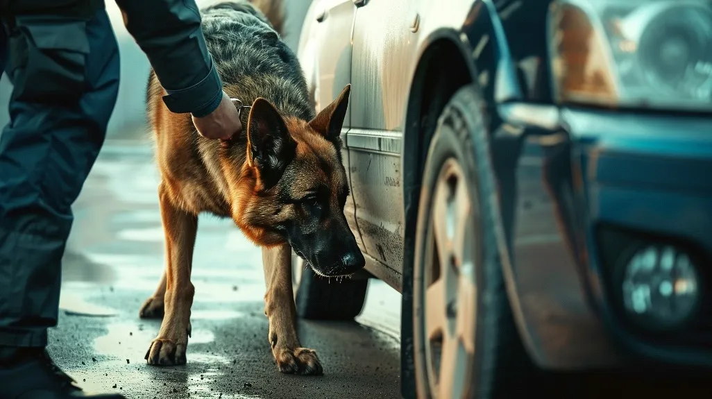 German Shepherd dog sniffing near a dark-colored car tire, guided by a person in dark clothing.