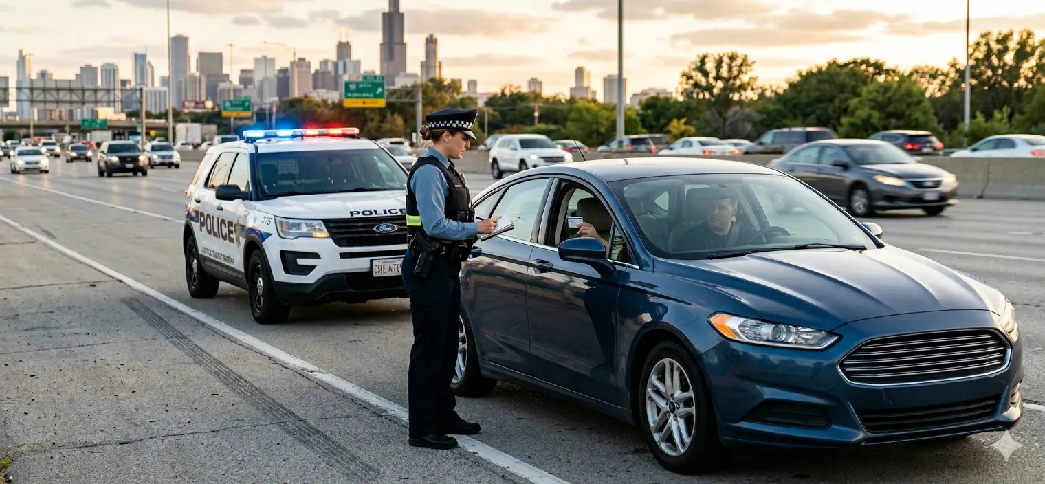 Police officer in uniform issuing a citation to driver of a blue sedan on highway.