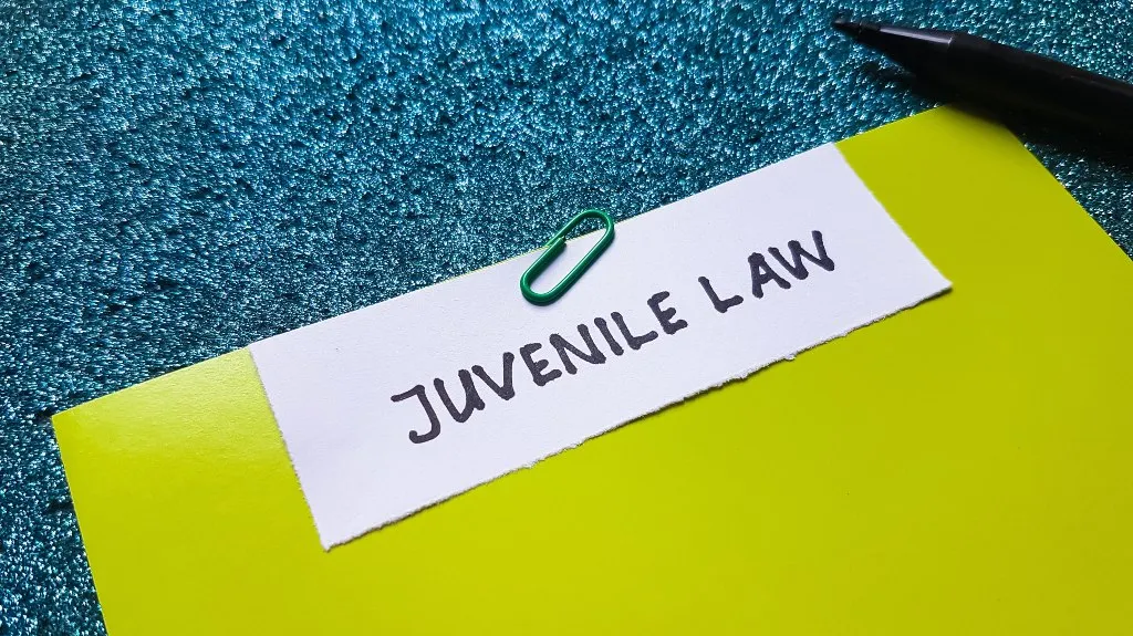 Close-up of a green folder with a white paper labeled "JUVENILE LAW" clipped by a green paperclip on a blue textured surface.