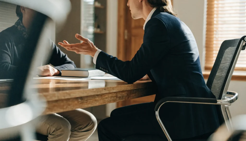 Two professionals in business attire engaged in discussion at a wooden table in an office.
