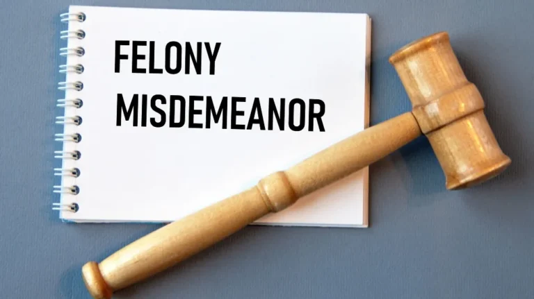 Wooden judge's gavel resting on a notebook with text "FELONY MISDEMEANOR" on a gray background.