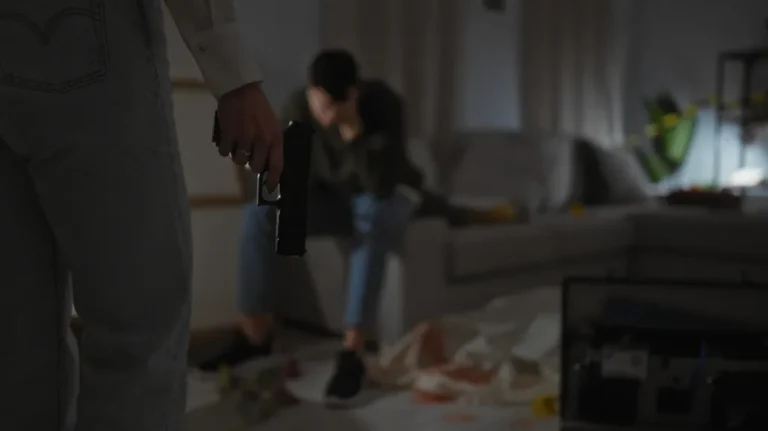 Person holding a handgun in foreground with a distressed individual sitting on a couch in dimly lit room.