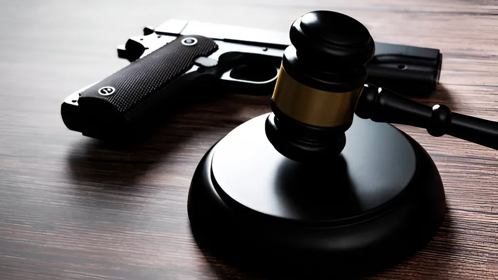 Black judge's gavel and semi-automatic pistol placed on a wooden surface.