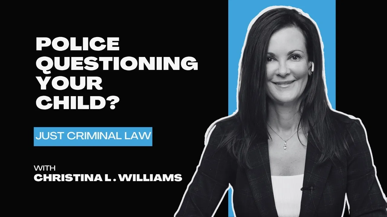 Black and blue promotional graphic featuring a smiling woman with long dark hair, alongside bold white text about police questioning children and criminal law.