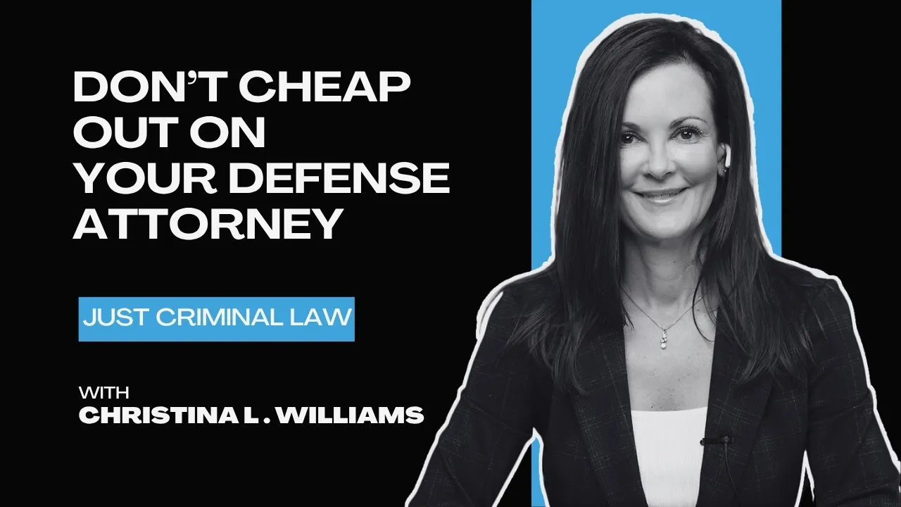 Professional portrait of a woman in a black jacket beside text promoting criminal defense attorney Christina L. Williams.