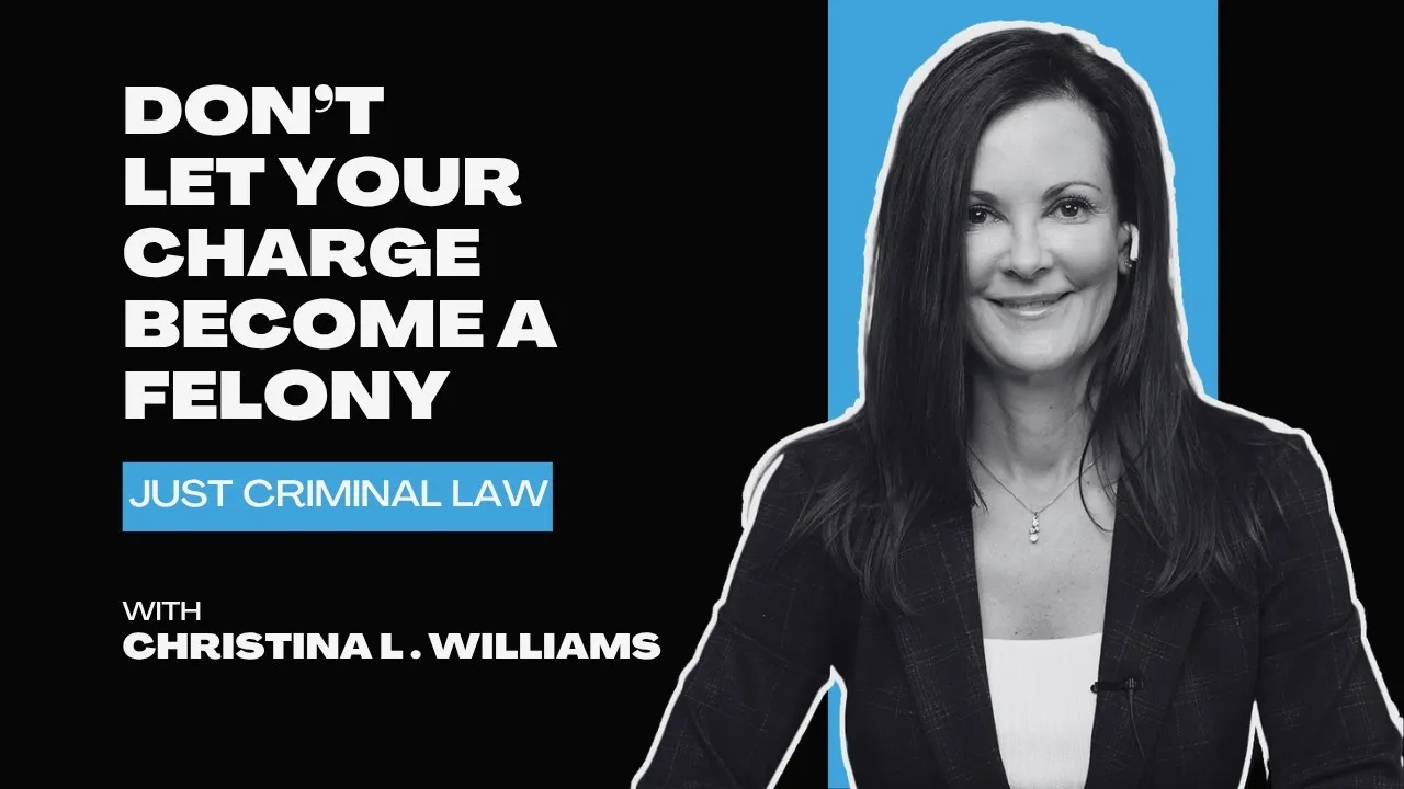 Professional woman smiling, black and blue background, text "Don't let your charge become a felony, Just Criminal Law with Christina L. Williams.