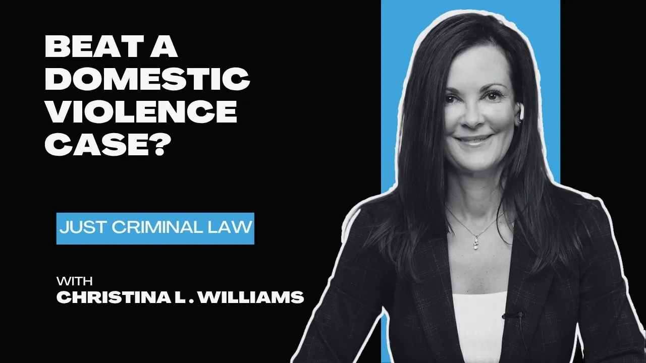 Professional headshot of a woman with dark hair beside text about domestic violence law.
