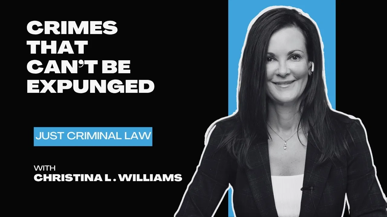 Professional portrait of a woman with dark hair beside text about crimes that can't be expunged.